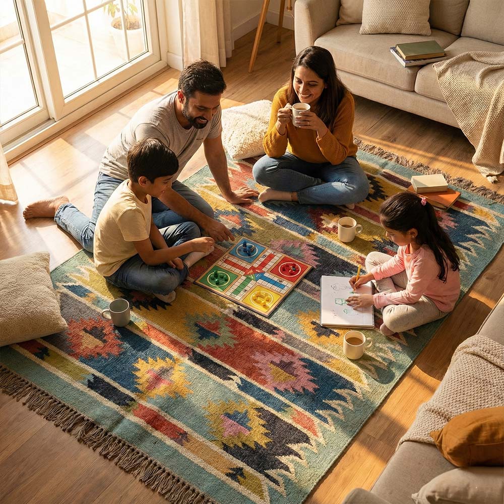 Vibrant Geometric Kilim Durrie Rug - Handwoven Artisan Floor Mat