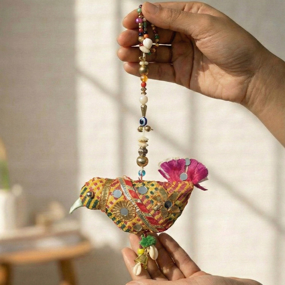 Vibrant Folk Art Bird Hanging with Mirrors & Bells - Madhues