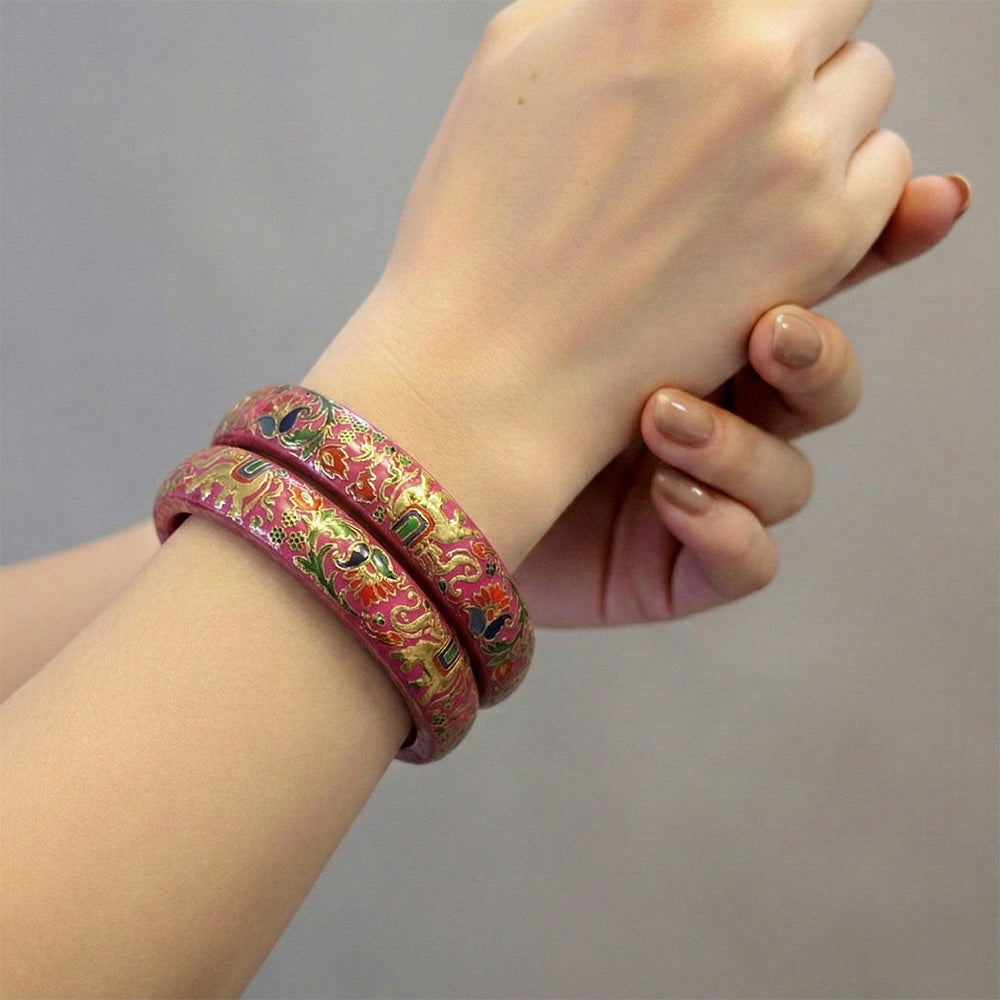 Vibrant Pink Floral Gold Lacquer Bangles - Set of 2 - Madhues