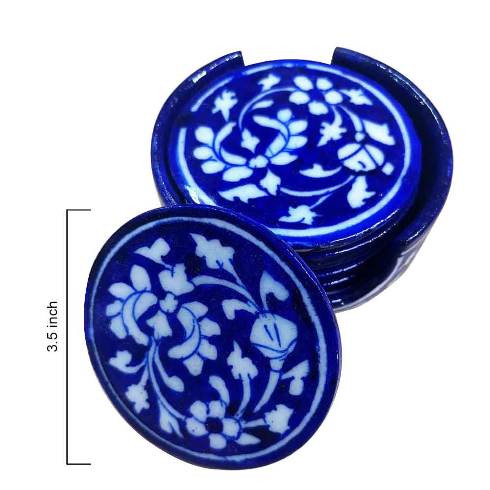 Indigo Vine Ceramic Coaster Set with Holder - Image 2