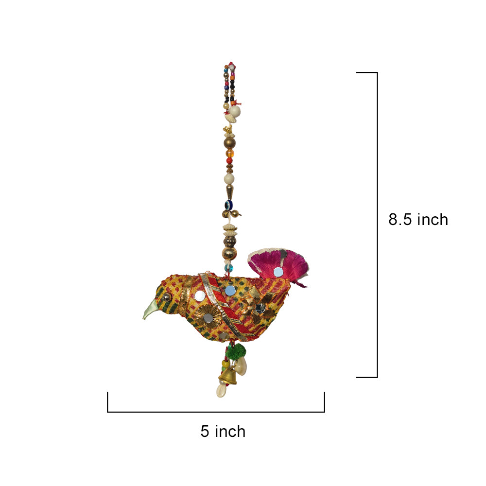 Vibrant Folk Art Bird Hanging with Mirrors & Bells - Madhues
