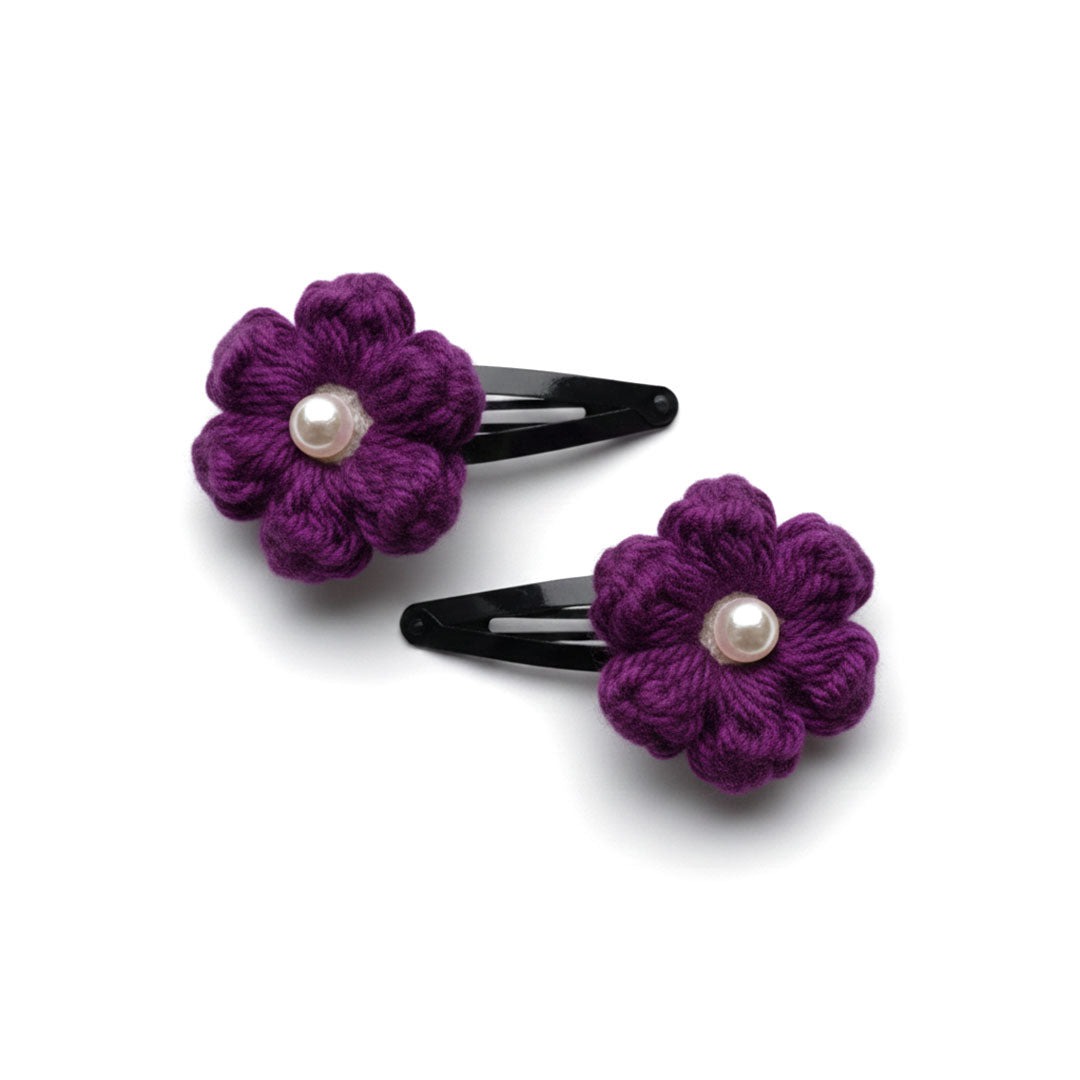 Charming Crocheted Flower Hair Clips - Pearl Accents
