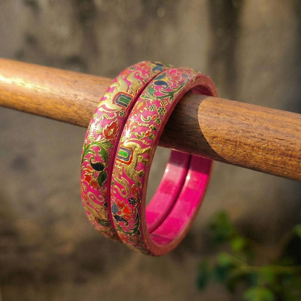 Vibrant Pink Floral Gold Lacquer Bangles - Set of 2 - Madhues