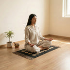 Woman meditating on a rug in a serene room with a plant and bowl.