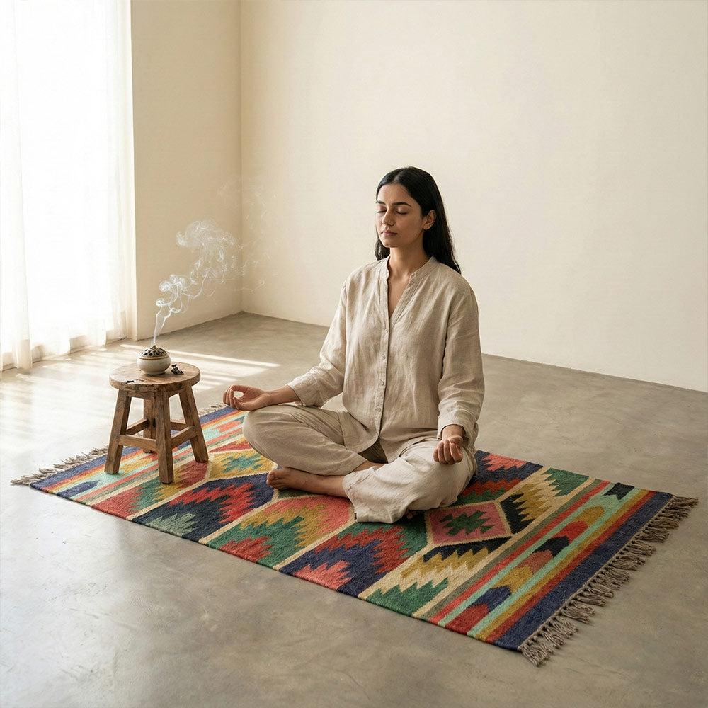 Handwoven Geometric Cotton Blend Durrie Rug - Rustic Multicolor