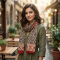 Block Printed Cotton Scarf - Black & White Floral with Rust Border