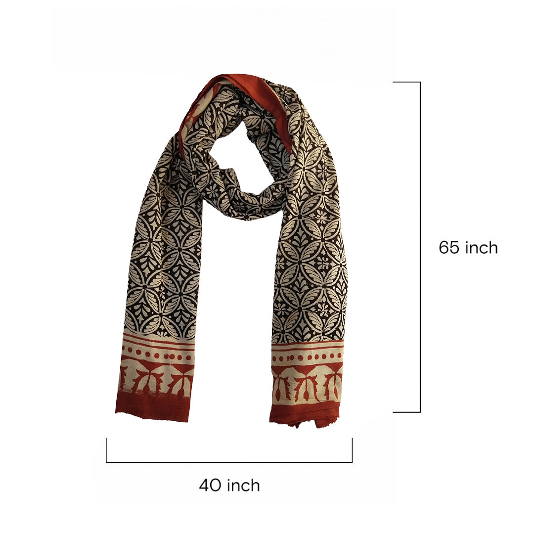 Block Printed Cotton Scarf - Black & White Floral with Rust Border