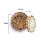 Woven basket with dimensions labeled on a white background