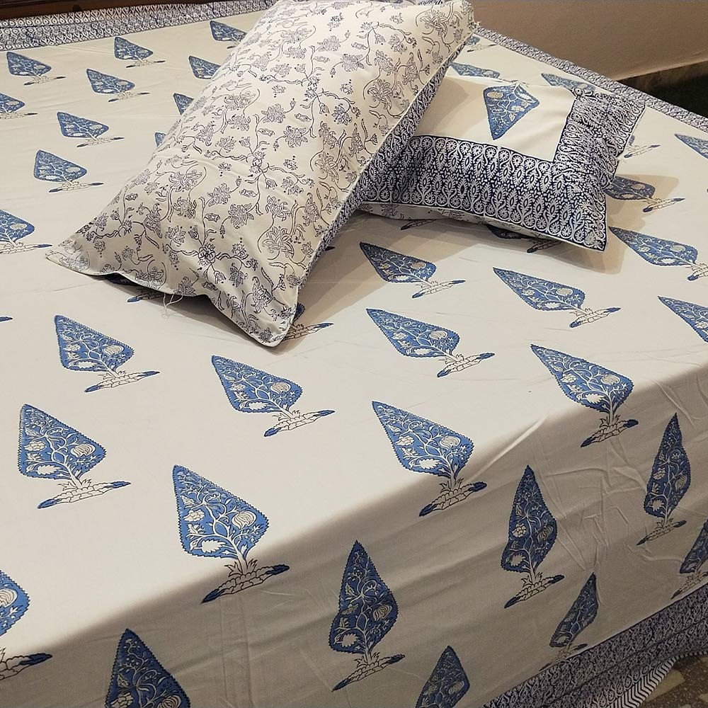 Azure Buta Block Print Cotton Bedsheet Set - Madhues