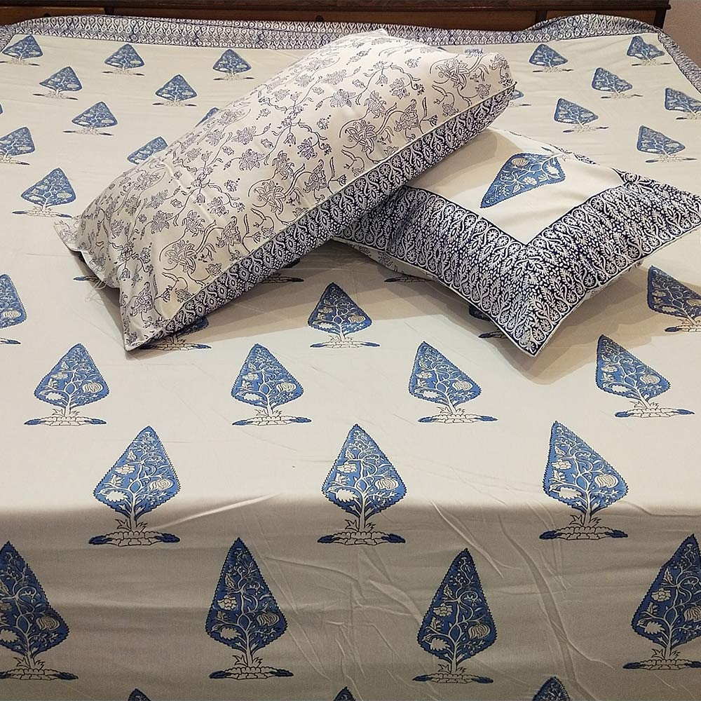 Azure Buta Block Print Cotton Bedsheet Set - Madhues