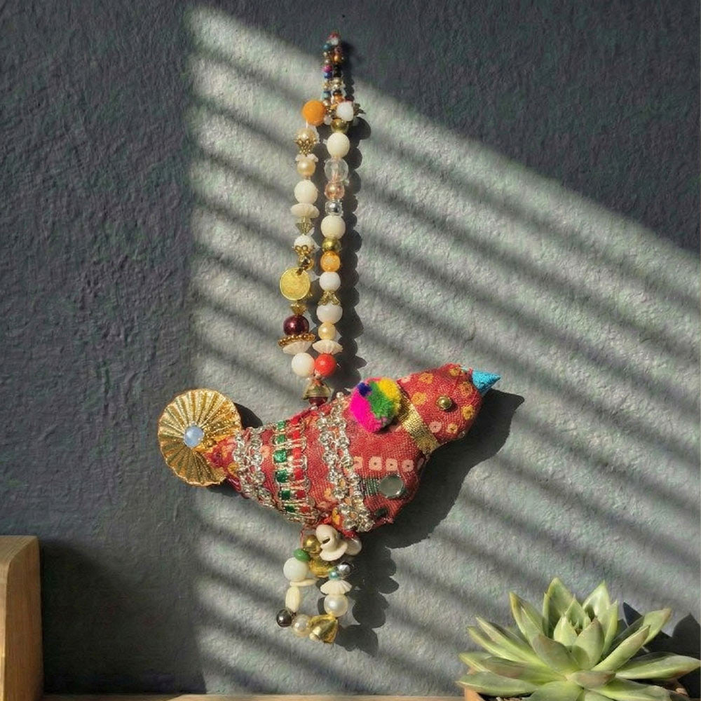 Embellished Bandhani Bird Hanging Decor - Madhues