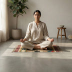 Woman meditating in a peaceful room with a plant and small table.