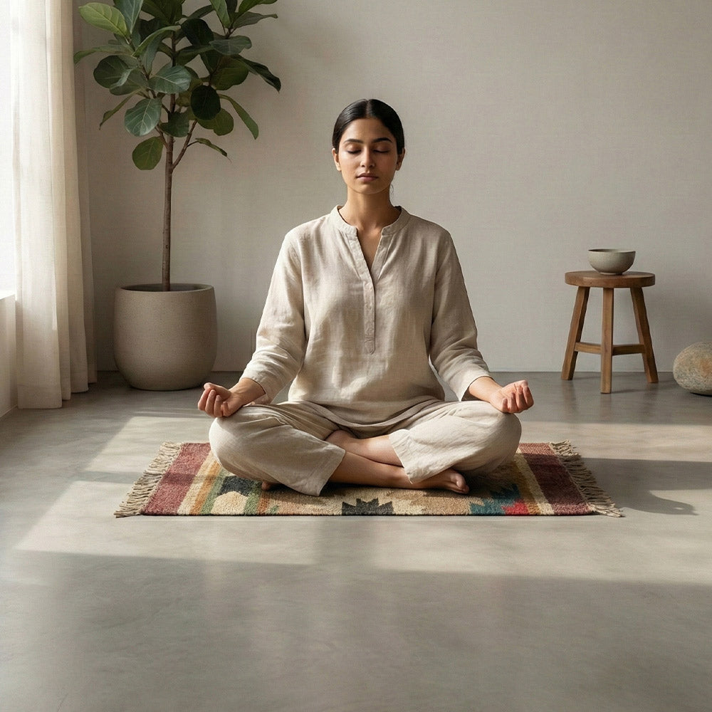 Handwoven Jute Puja Aasan Mat with Geometric Pattern