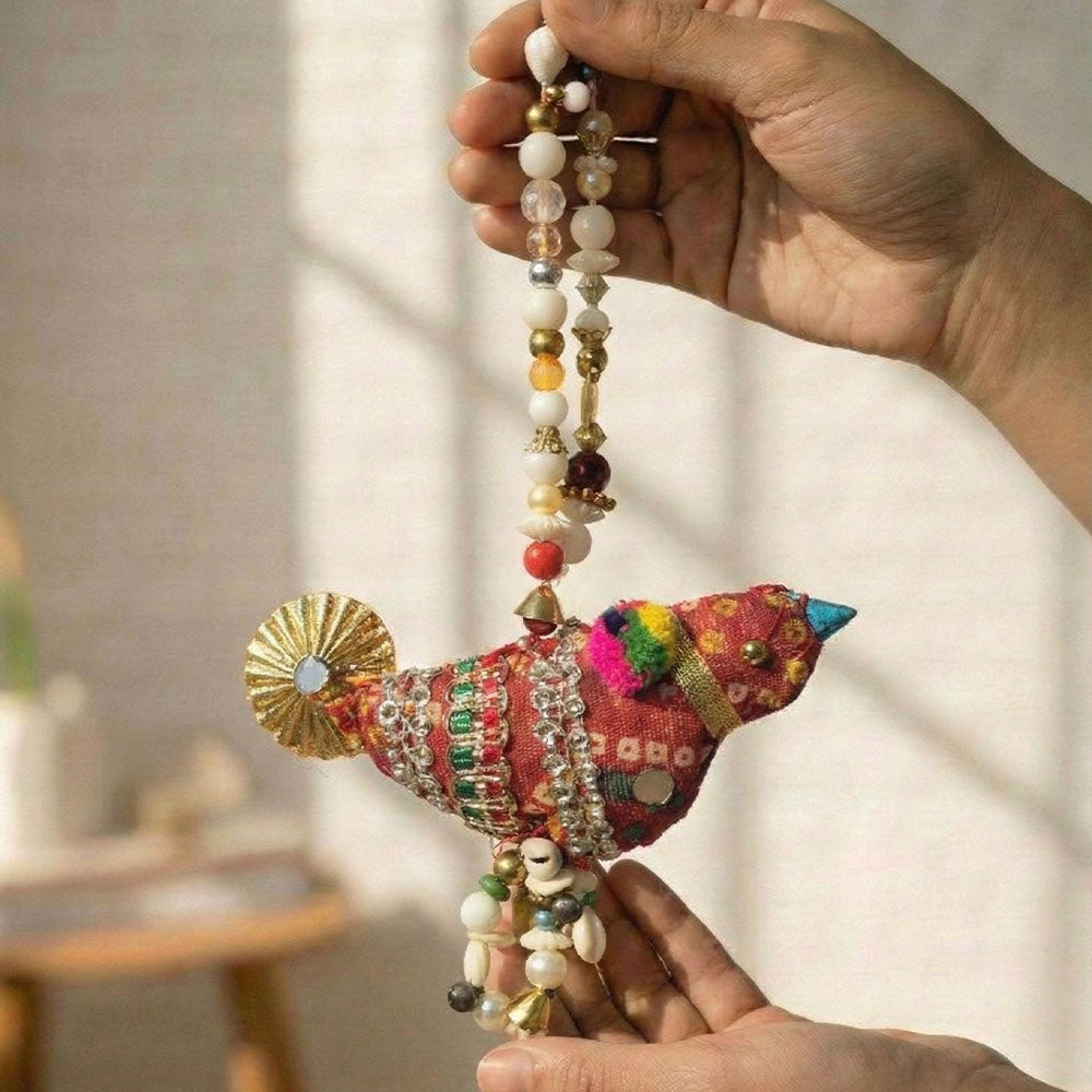 Embellished Bandhani Bird Hanging Decor - Madhues