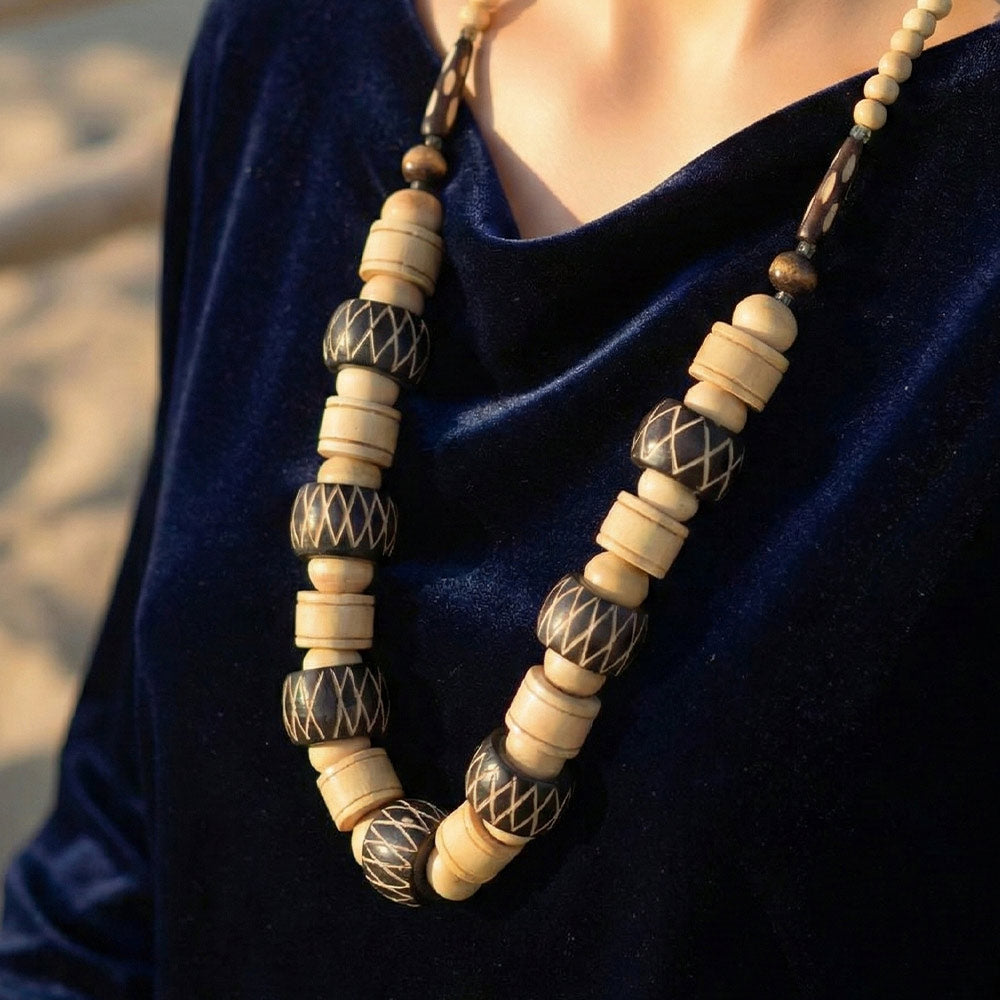 Carved Tribal Wood Bead Necklace