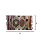 Woven rug with geometric pattern and dimensions on a white background
