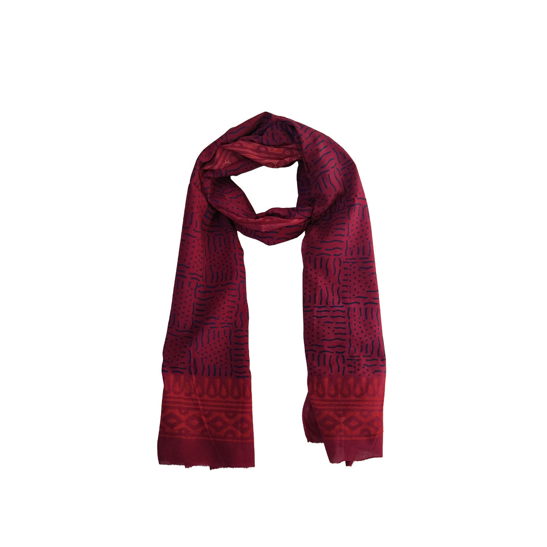 Block Printed Cotton Scarf - Maroon & Blue Pattern