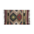 Rectangular rug with geometric pattern and fringes on a white background