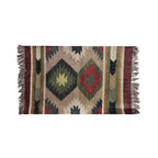 Rectangular rug with geometric pattern and fringes on a white background