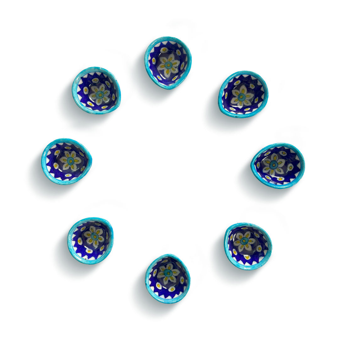 Hand-Painted Floral Ceramic Diyas with Turquoise Rim