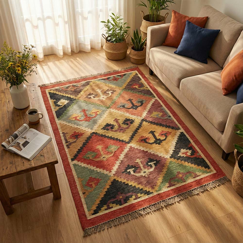 Handmade Colorful Anchor Pattern Durrie Rug - Jute Cotton Area Kilim