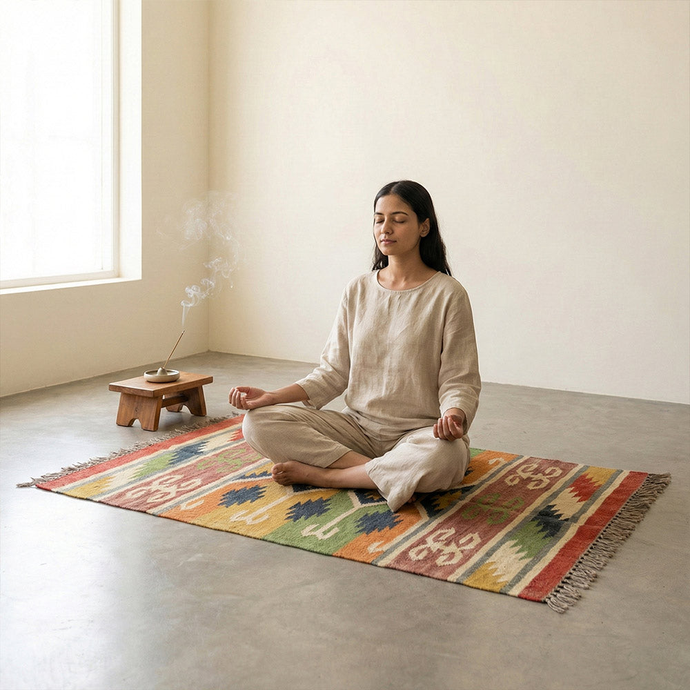 Handwoven Geometric Durrie Rug - Pink & Blue Flatweave