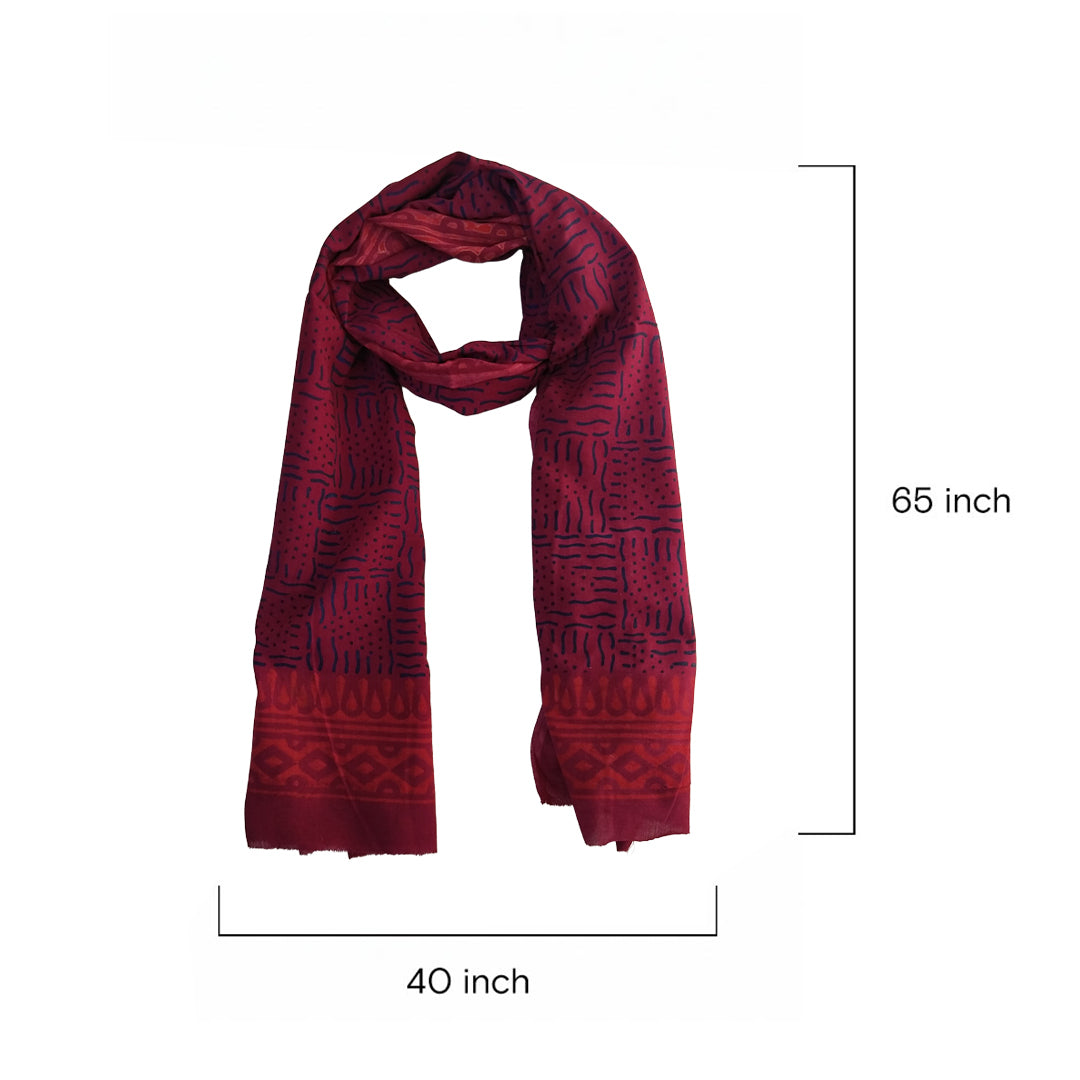 Block Printed Cotton Scarf - Maroon & Blue Pattern