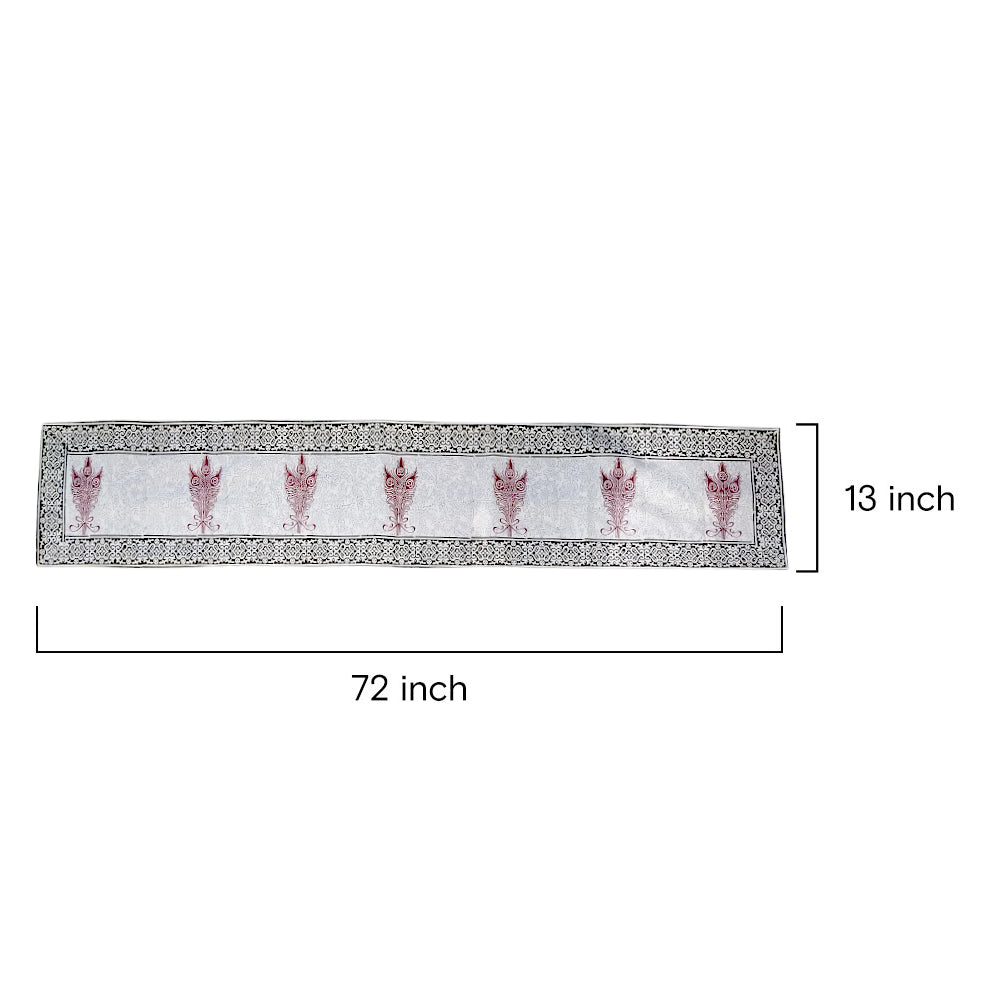 Hand Block Printed Mughal Motif Table Runner - White & Maroon