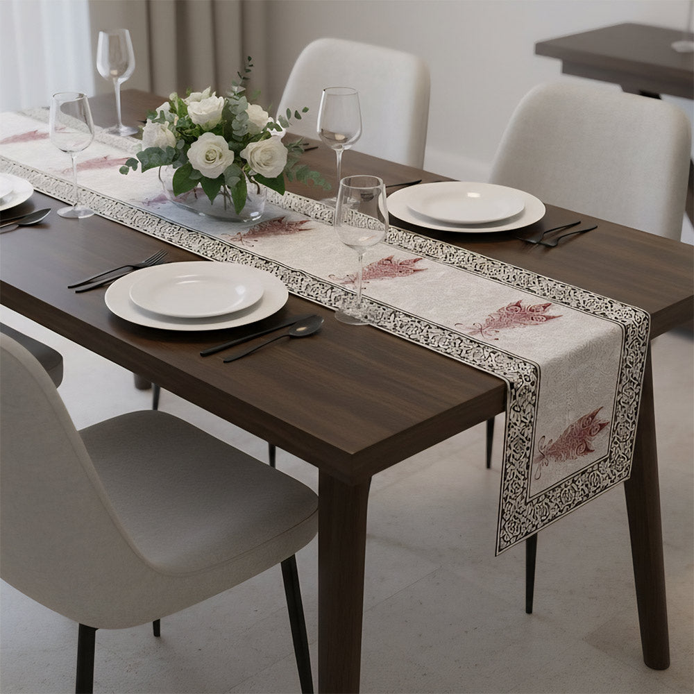 Hand Block Printed Mughal Motif Table Runner - White & Maroon