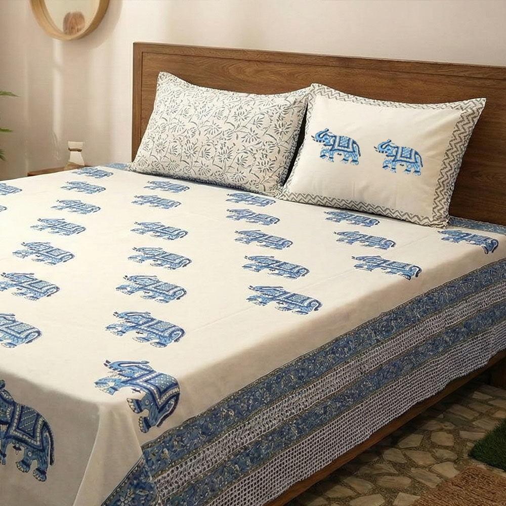 Blue Elephant Bagru Block Print Cotton Bedsheet Set - Madhues