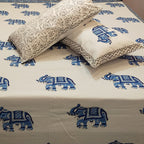 Blue Elephant Bagru Block Print Cotton Bedsheet Set - Madhues
