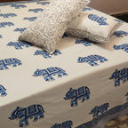 Blue Elephant Bagru Block Print Cotton Bedsheet Set - Madhues