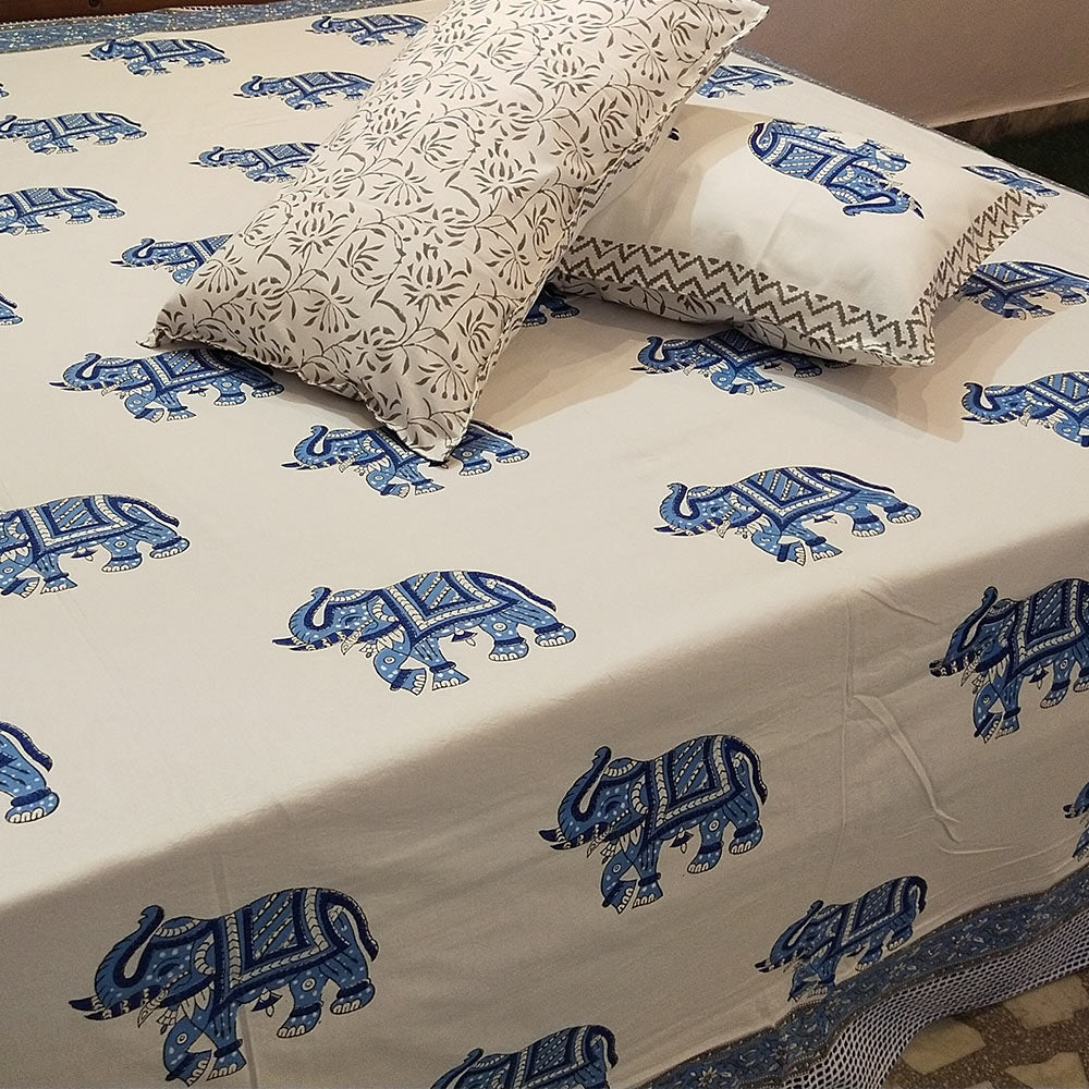 Blue Elephant Bagru Block Print Cotton Bedsheet Set - Madhues