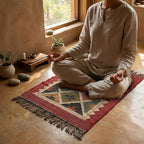 Handwoven Jute & Camel Wool Puja Aasan Mat - Maroon Diamond Pattern