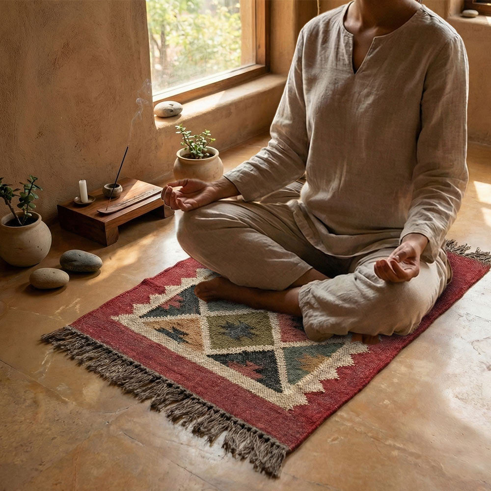 Handwoven Jute & Camel Wool Puja Aasan Mat - Maroon Diamond Pattern