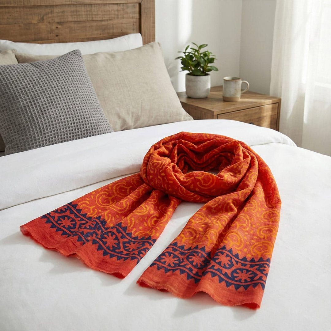 Rust Block Printed Cotton Scarf with Geometric Border