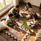 Family of four sitting on a colorful rug 