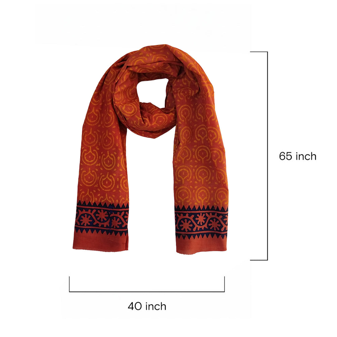 Rust Block Printed Cotton Scarf with Geometric Border