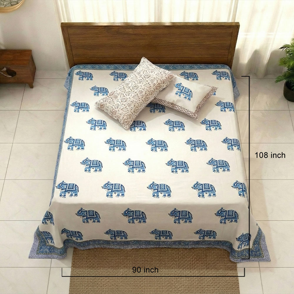 Blue Elephant Bagru Block Print Cotton Bedsheet Set - Madhues