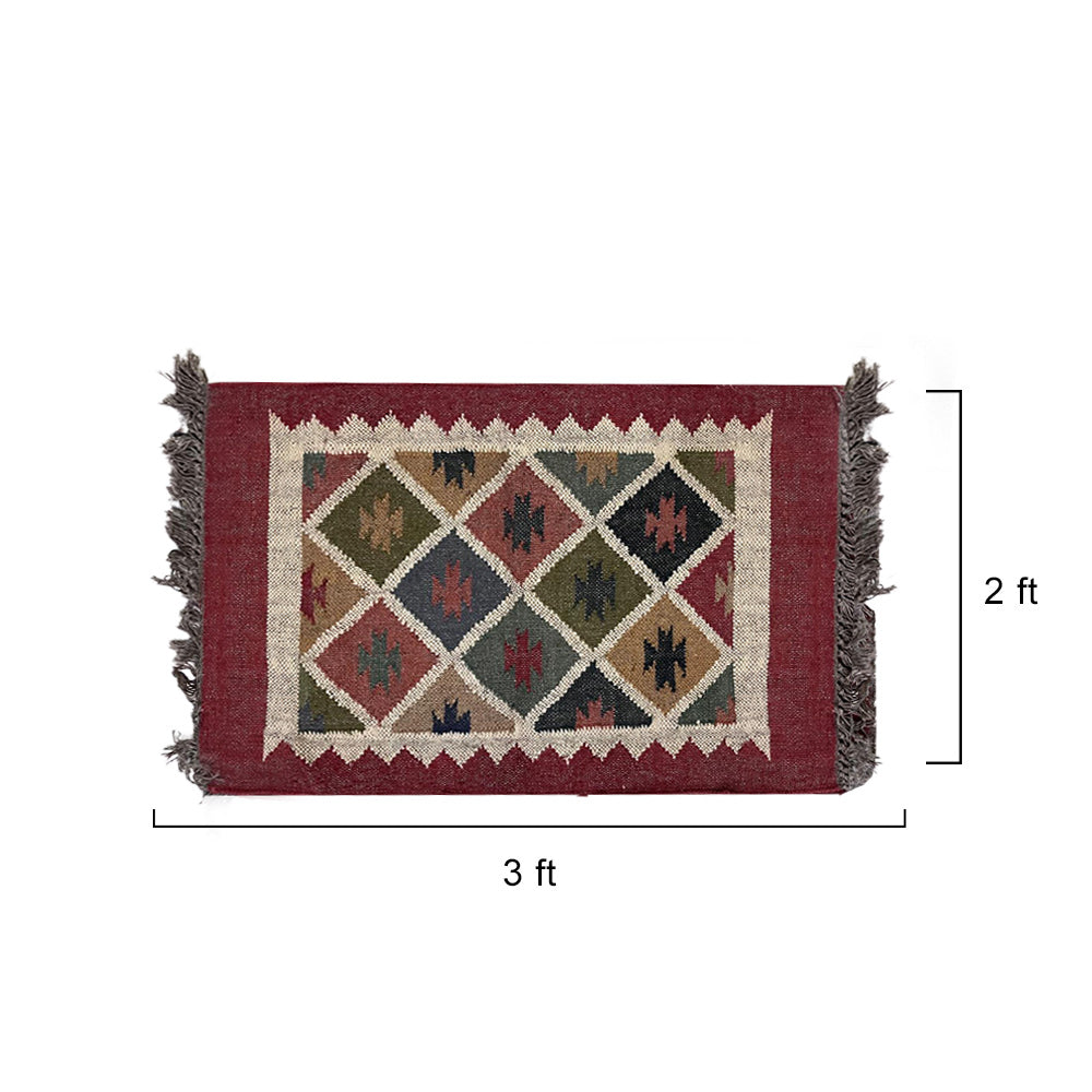Handwoven Jute & Camel Wool Puja Aasan Mat - Maroon Diamond Pattern