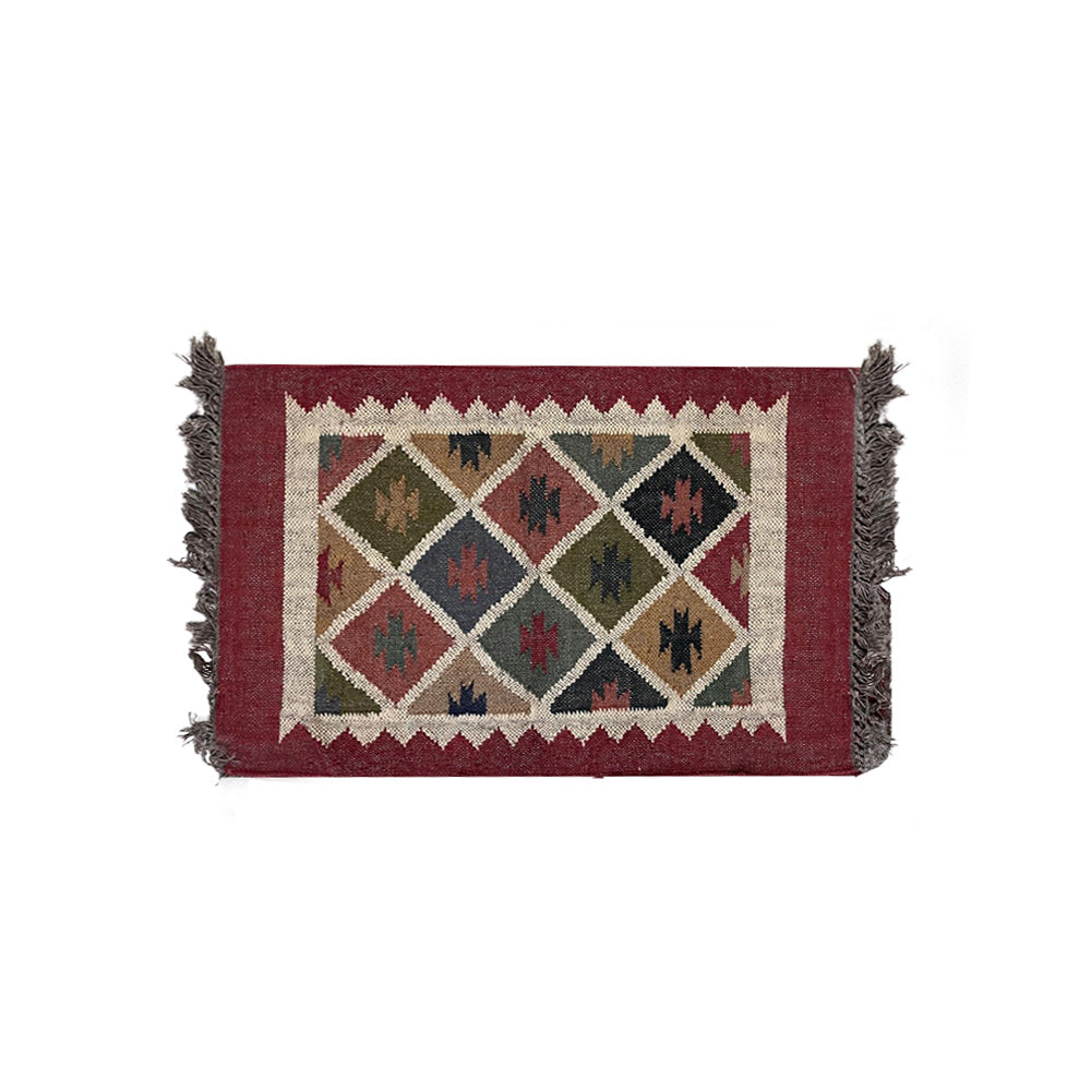 Handwoven Jute & Camel Wool Puja Aasan Mat - Maroon Diamond Pattern
