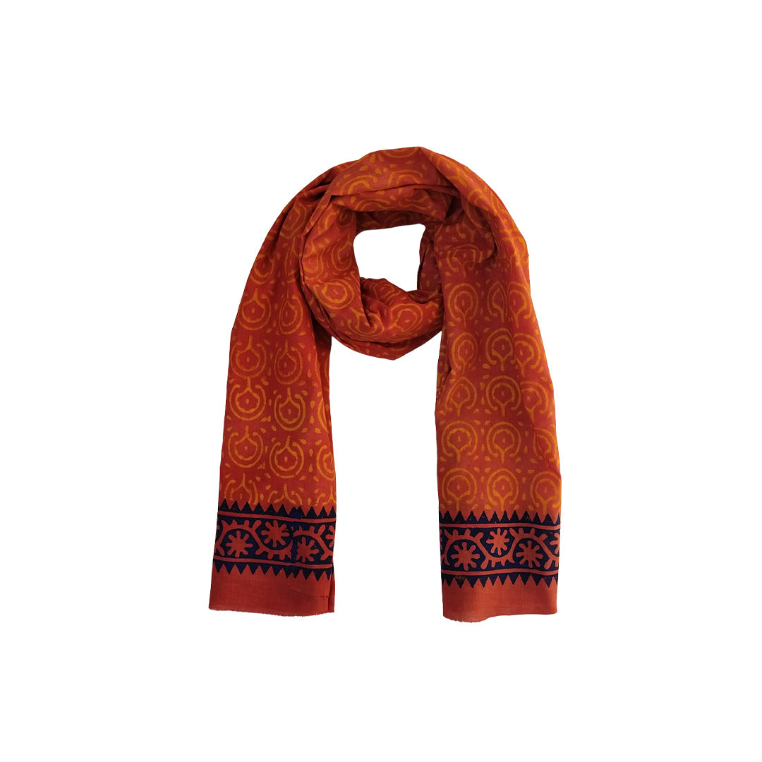 Rust Block Printed Cotton Scarf with Geometric Border