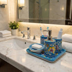 Bathroom counter with floral-themed toiletries and sink.