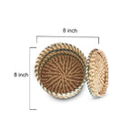 Two woven baskets with dimensions indicated on a white background