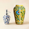 Hand-Painted Blue Pottery Floral Soap Dispenser and Vase Set