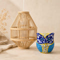 Artisan Bamboo Pendant Lamp and Hand-Painted Blue Pottery Owl Set