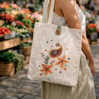 Person holding a tote bag with floral design in an outdoor market setting