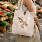 Person holding a tote bag with floral design at an outdoor market.
