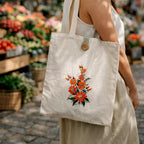 Person holding a tote bag with floral design in an outdoor market setting