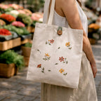 Person holding a tote bag with floral designs in an outdoor market setting